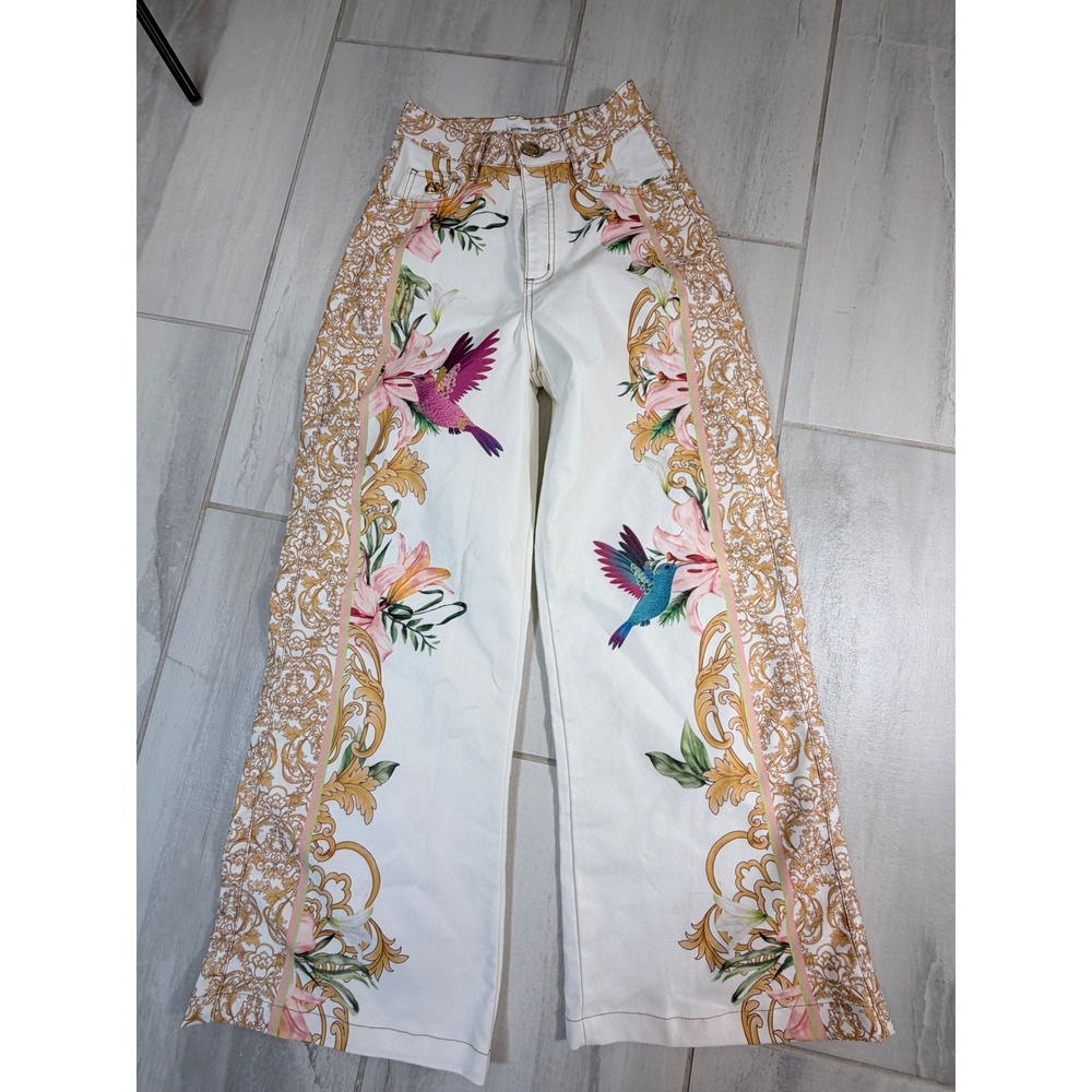 Carmen Steffens White Floral Hummingbird Baroque Wide Leg Pants Size 34 Brazil